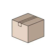 Isometric view of a beige and brown box, sealed, with black outlines