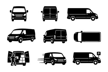 Silhouette icons of delivery vans in various angles and movements