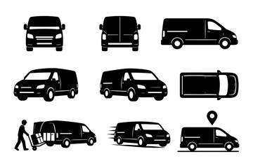 Silhouette delivery van set with front, side, and top views