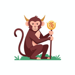 A cartoon monkey wearing horns, holding a staff with a symbol, sitting in grass
