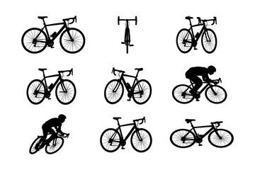 Fototapeta premium Cyclist silhouettes and bicycle designs: collection of nine black silhouettes in various poses and angles