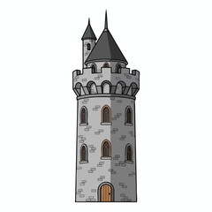 A tall stone tower with conical roofs, windows, battlements, and a small adjoining tower