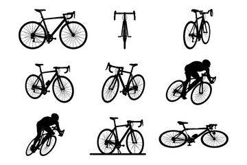 Fototapeta premium Cycling silhouettes: diverse bicycle and cyclist poses for sport and fitness designs
