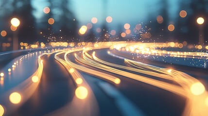 Digital data moving through a futuristic smart city network with glowing light trails roads on illuminated buildings