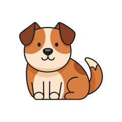 Cartoon dog illustration, brown and white, sitting with tail curled up