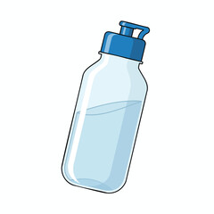 Cartoon illustration of a clear water bottle with a blue lid and a water level