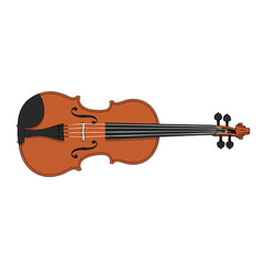 A cartoon violin, brown body, black strings, and pegbox; it is isolated
