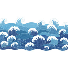 Stylized ocean waves in shades of blue and white, with white background
