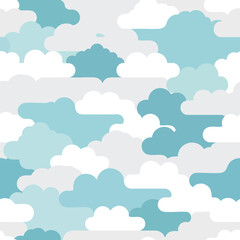 Abstract cloud-filled pattern in sky blue, grey, and white against a bright white background