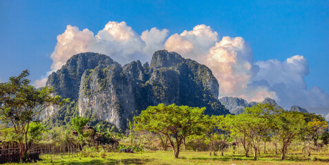The raw beauty of the karst mountaon ranges in the Nam Song river valley near the resort town of  Vang Vieng, Vientiane Province, Laos