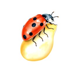 Fototapeta premium Red ladybug with black spots resting on a yellow droplet against a white background