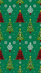 Obraz premium Pixelated pattern features repeating trees with star toppers, adorned with lights or pixelated red patterns on a green background