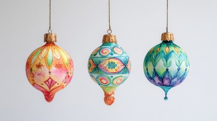 Colorful watercolor Christmas ornaments hanging