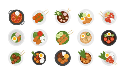 Fototapeta premium Top View Indonesian Food Icons Set, Satay, Rice Dish, and Asian Cuisine Flat Vector Illustration