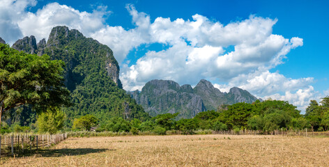 Farming fields with dramatic karst mountains in the background, Vang Vieng, Vientiane Province, Laos