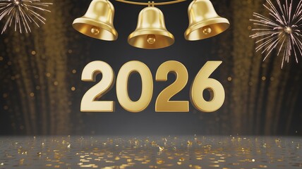 Golden 2026 New Year Celebration with Bells and Fireworks Festive Background for Greeting Cards and Party Invitations