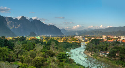 Breathtaking view of the Nam Song river as its meanders its way across stunning  karst formations and the city of Vang Vieng, Vientiane Province, Laos