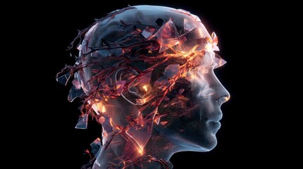 Transparent glass profile of human head filled with jagged exploding shards of colored light and thorny vines symbolizing intense chaotic pain perfect for migraine and severe headache awareness.