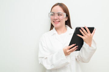 Portrait of Asian female research scientist against white background using digital tablet computer