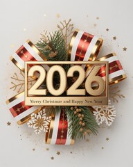 Elegant Gold 2026 New Year Greeting with Festive Red and White Ribbons and Snowflakes Perfect for Holiday Cards and Invitations