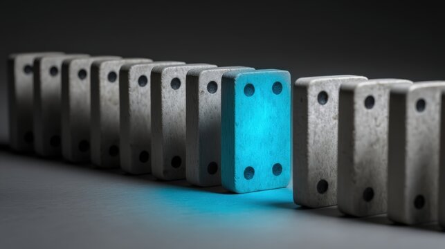 Perfect row of identical traditional grey dominoes with single glowing blue domino at beginning about to cause chain reaction. Disruptive innovation breakthrough and transformational change metaphor. - Powered by Adobe