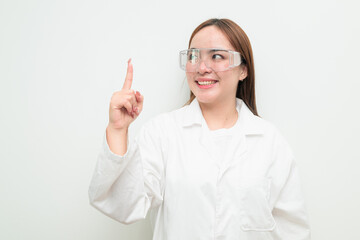 Portrait of Asian female research scientist against white background pointing finger