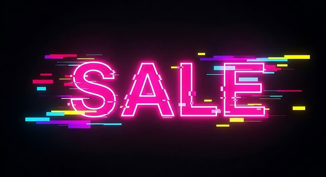 Neon SALE Sign with Glitch Effect on Dark Background.