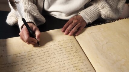 Close up of hands writing handwritten notes using a feather quill pen, conveying creativity, reflection, literature and traditional writing process. - Powered by Adobe