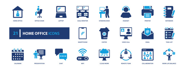 home office icon set, solid style, vector illustration