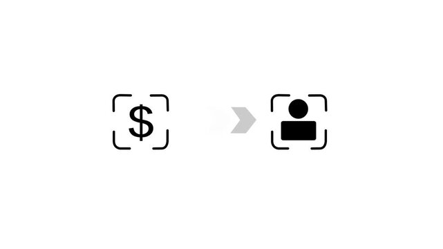 Dollar sign icon transitioning with animating chevron arrows to a person icon on a clean white background, financial transfer, payment, income, or personal profit