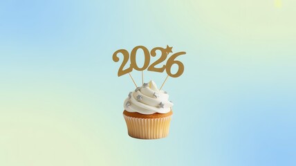 Celebratory 2026 New Year Cupcake Design with Festive Gold Toppers and Starry Whipped Cream on Pastel Gradient Background