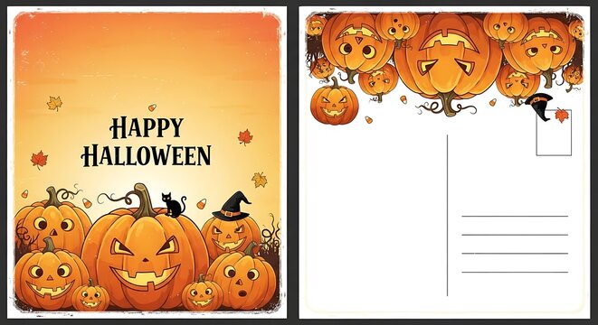 Halloween greeting card with carved pumpkins and holiday message - Powered by Adobe
