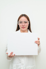 Portrait of Asian female research scientist against white background showing copy space