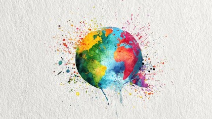 Watercolor globe bursting with colorful paint splatters