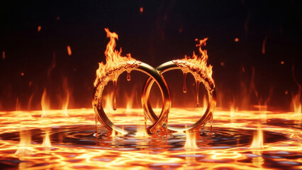 Two golden wedding rings engulfed in flames and melting into a fiery liquid surface