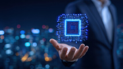 Glowing microchip hologram floating above open hand in business suit, futuristic neon circuit emotion awe