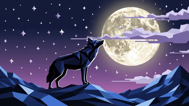 Low Poly Wolf Howling at the Moon on Top of a Mountain, Stylized