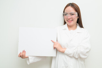 Portrait of Asian female research scientist against white background showing copy space