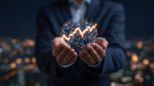 Hands holding glowing network globe with rising data line expressing confidence and innovation - Powered by Adobe