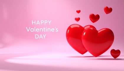 3D rendered red hearts floating on pink background with Happy Valentine's Day text, love, romance, minimalist, modern, Valentine's Day concept