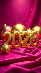 3D golden 2026 numbers surrounded by Christmas ornaments on draped magenta fabric
