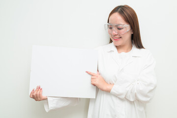 Portrait of Asian female research scientist against white background showing copy space
