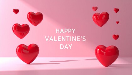 Valentine's Day greeting card with 3D red hearts floating, minimalist style, soft pink pastel background, love, romance, and celebration concept