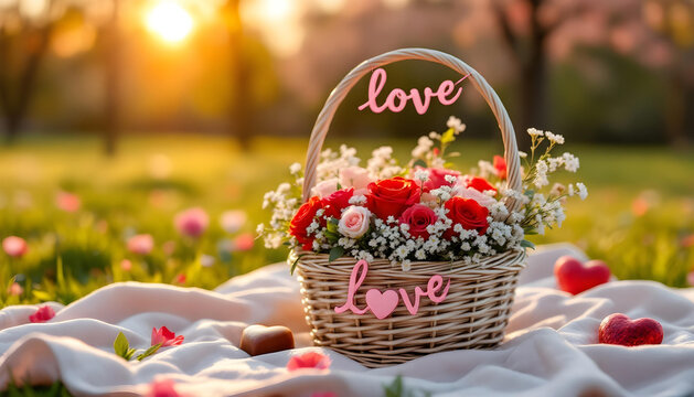 Valentine gift basket filled with flowers, chocolates, small d&eacute;cor items