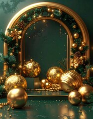 Archway decorated with gold ornaments, pine, and 2026 numbers for New Year celebration