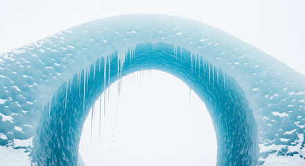 Curving icicle archway and frozen winter landscape with hanging icicles