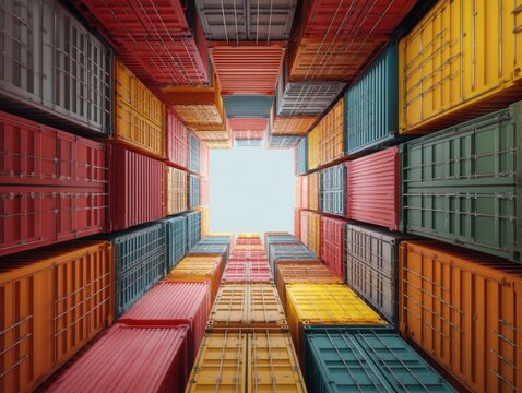 Colorful shipping containers stacked vertically create a vibrant geometric pattern, viewed from below, showcasing industrial design and urban architecture with a bright sky above