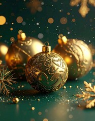 Close-up of ornate golden Christmas bauble on dark green surface ornament