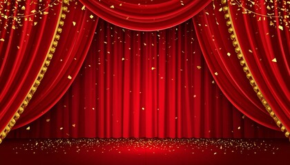 "Red curtain stage with golden confetti spotlight"