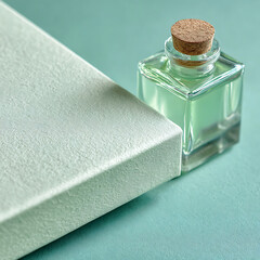 Elegant Glass Perfume Bottle with Cork Stopper on Mint Green Background with White Stone Platform, Minimalist Product Photography